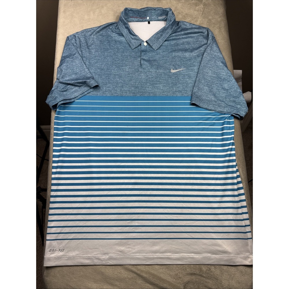 Nike Shirt Mens Large Blue White Polo Tiger Woods Golf Performance Dri Fit NICE